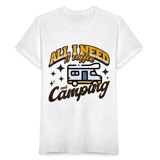Frauen T-Shirt "All i need is coffee and camping" (Wohnmobil-Motiv) - weiß