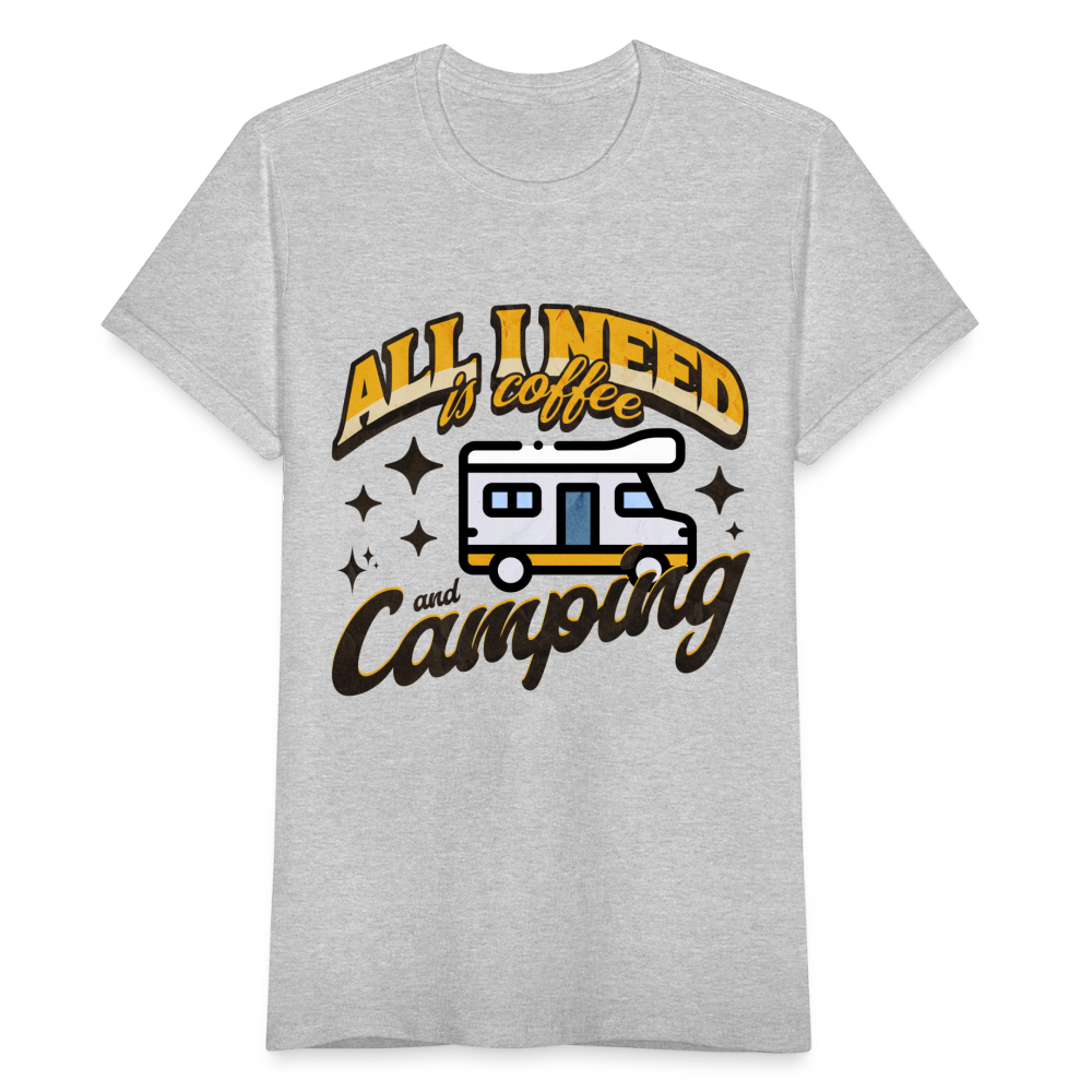 Frauen T-Shirt "All i need is coffee and camping" (Wohnmobil-Motiv) - Grau meliert