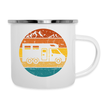 Emaille-Tasse "Wohnmobil im Retro-Stil Sonnenuntergang" - weiß