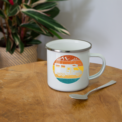 Emaille-Tasse "Wohnmobil im Retro-Stil Sonnenuntergang" - weiß