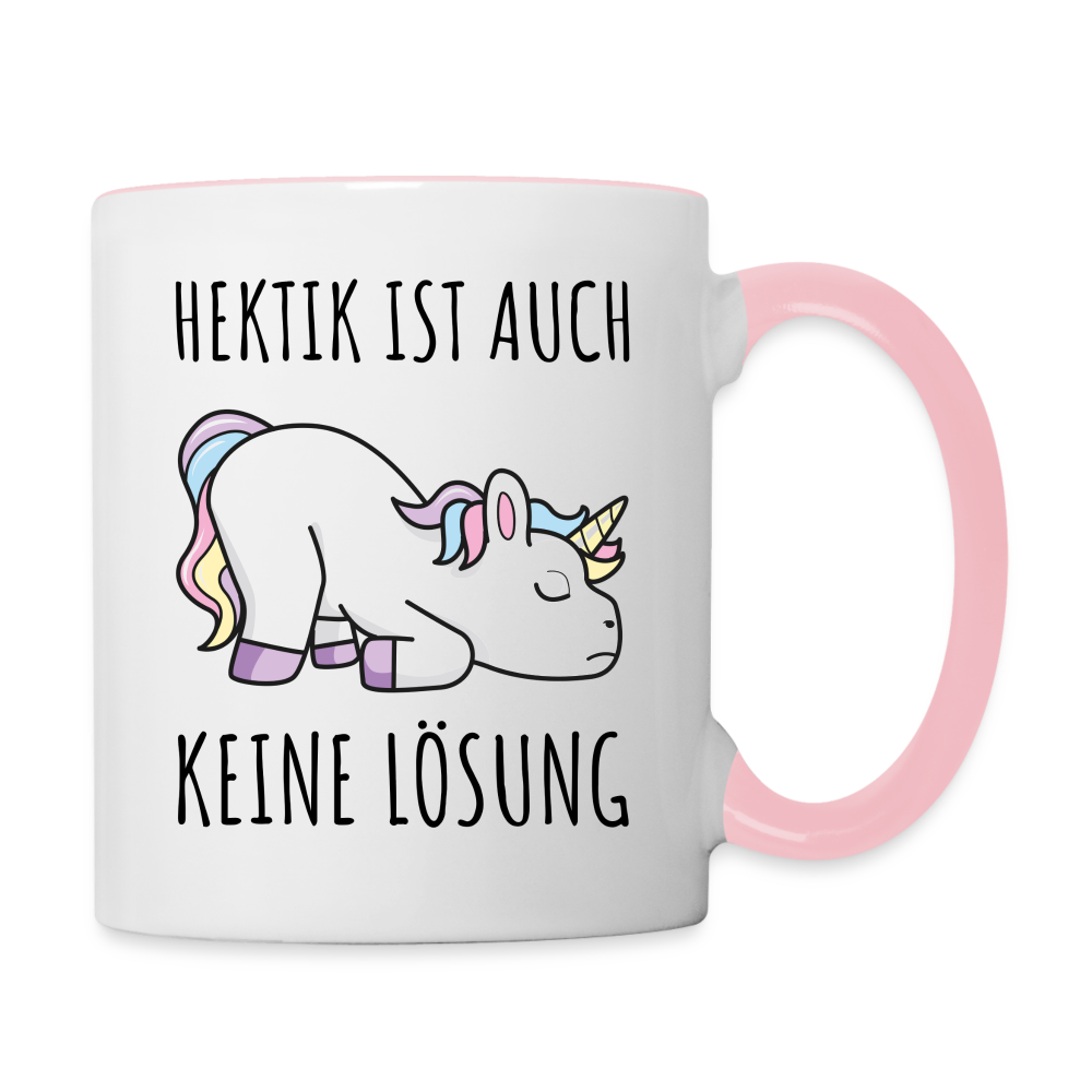 Tasse "Hektik ist auch keine Lösung" (Einhorn-Motiv) - Weiß/Pink