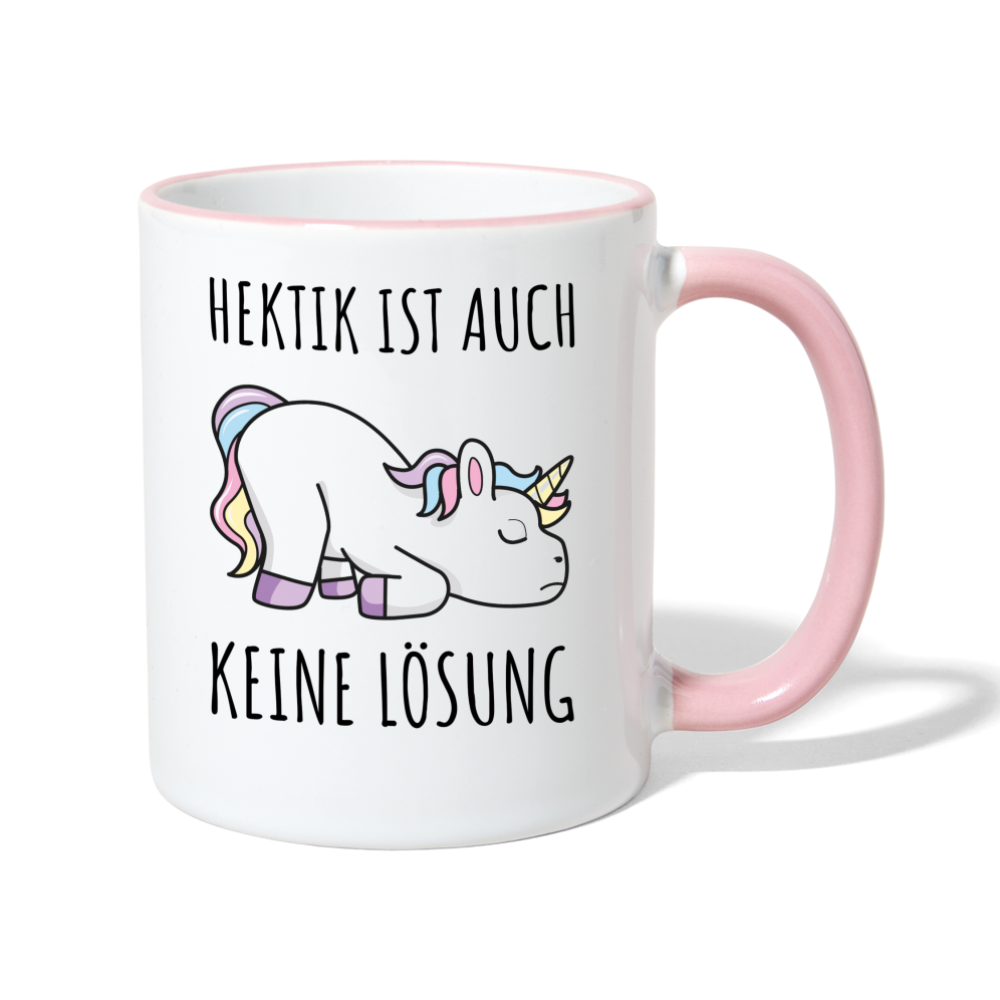 Tasse "Hektik ist auch keine Lösung" (Einhorn-Motiv) - Weiß/Pink