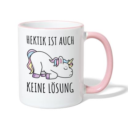 Tasse "Hektik ist auch keine Lösung" (Einhorn-Motiv) - Weiß/Pink