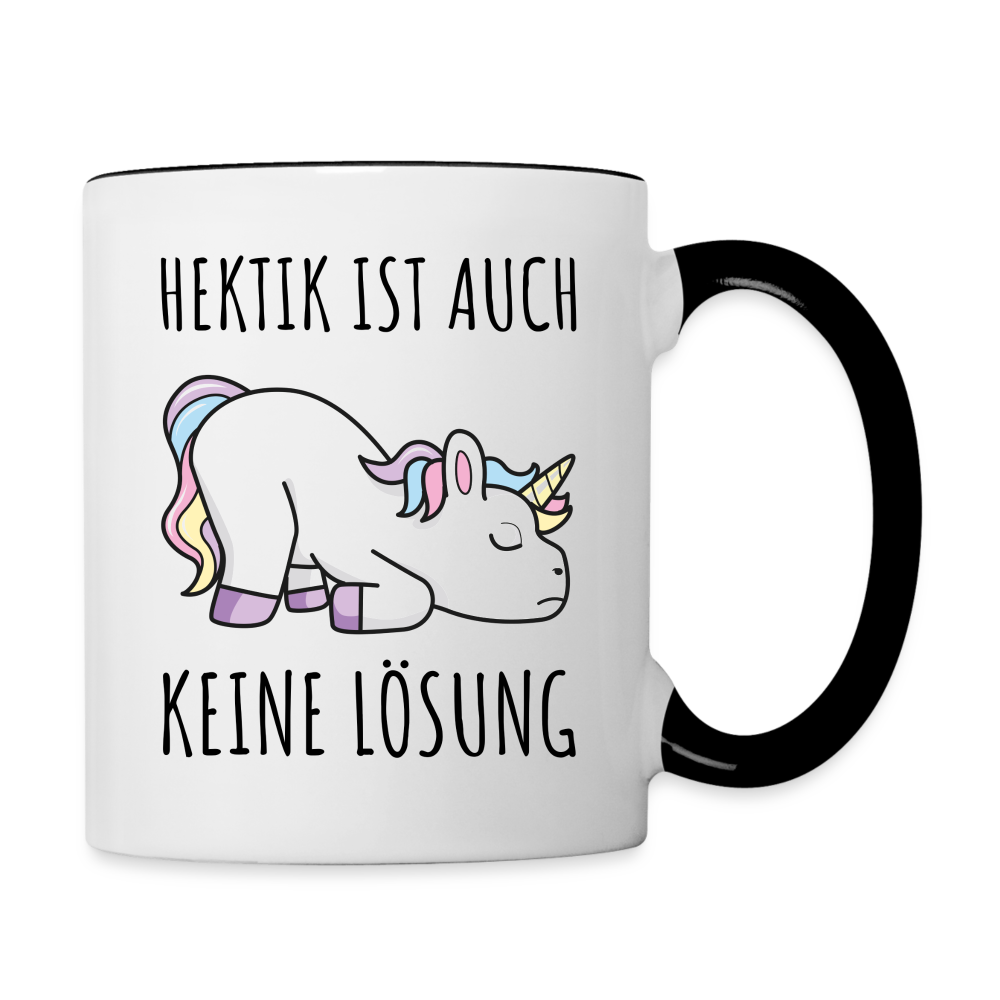 Tasse "Hektik ist auch keine Lösung" (Einhorn-Motiv) - Weiß/Schwarz