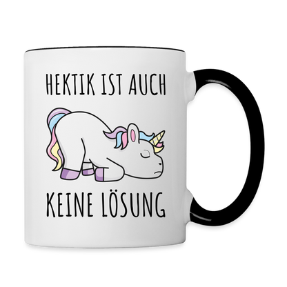Tasse "Hektik ist auch keine Lösung" (Einhorn-Motiv) - Weiß/Schwarz