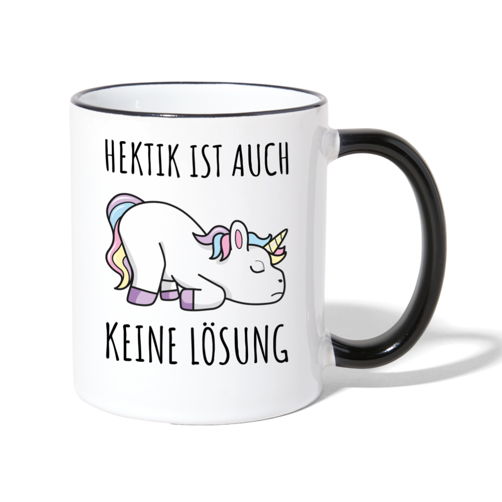 Tasse "Hektik ist auch keine Lösung" (Einhorn-Motiv) - Weiß/Schwarz