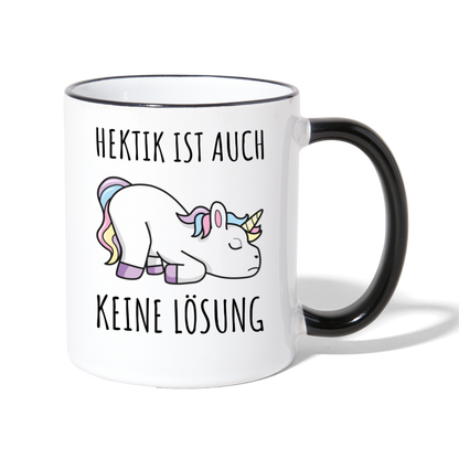 Tasse "Hektik ist auch keine Lösung" (Einhorn-Motiv) - Weiß/Schwarz