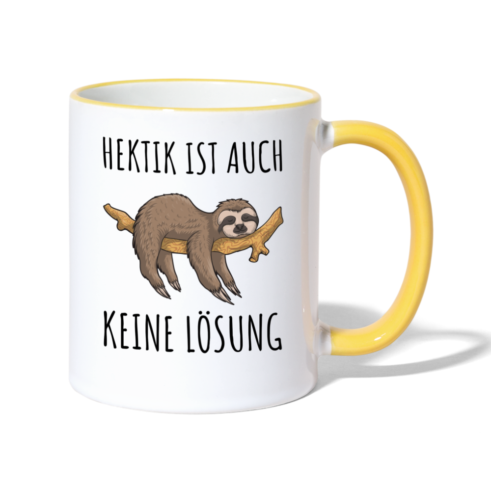 Tasse "Hektik ist auch keine Lösung" (Faultier-Motiv) - Weiß/Gelb