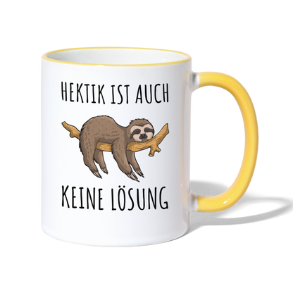 Tasse "Hektik ist auch keine Lösung" (Faultier-Motiv) - Weiß/Gelb