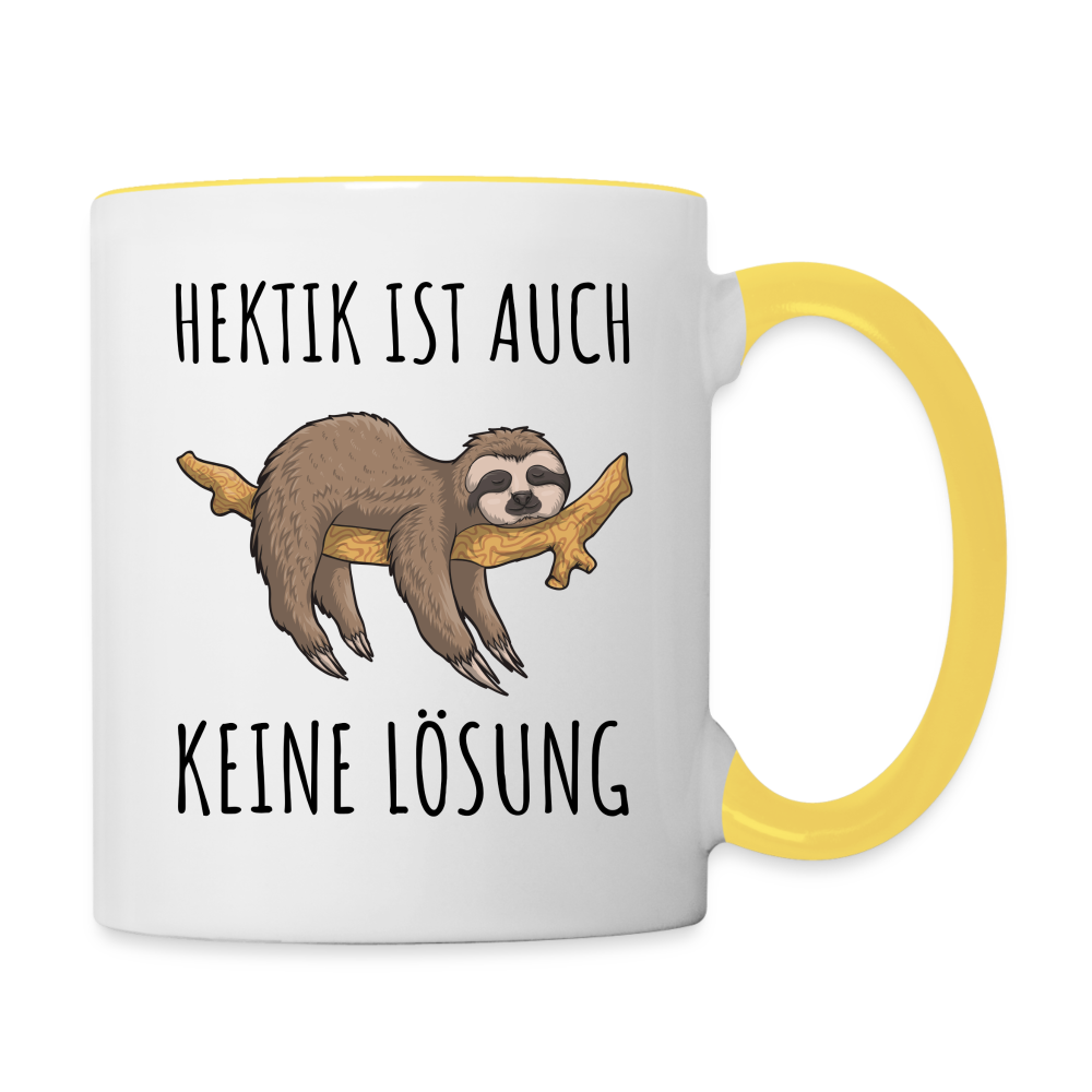 Tasse "Hektik ist auch keine Lösung" (Faultier-Motiv) - Weiß/Gelb