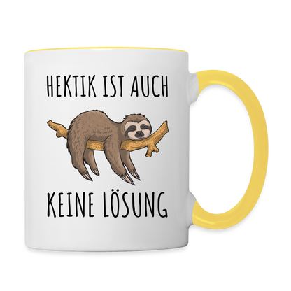 Tasse "Hektik ist auch keine Lösung" (Faultier-Motiv) - Weiß/Gelb