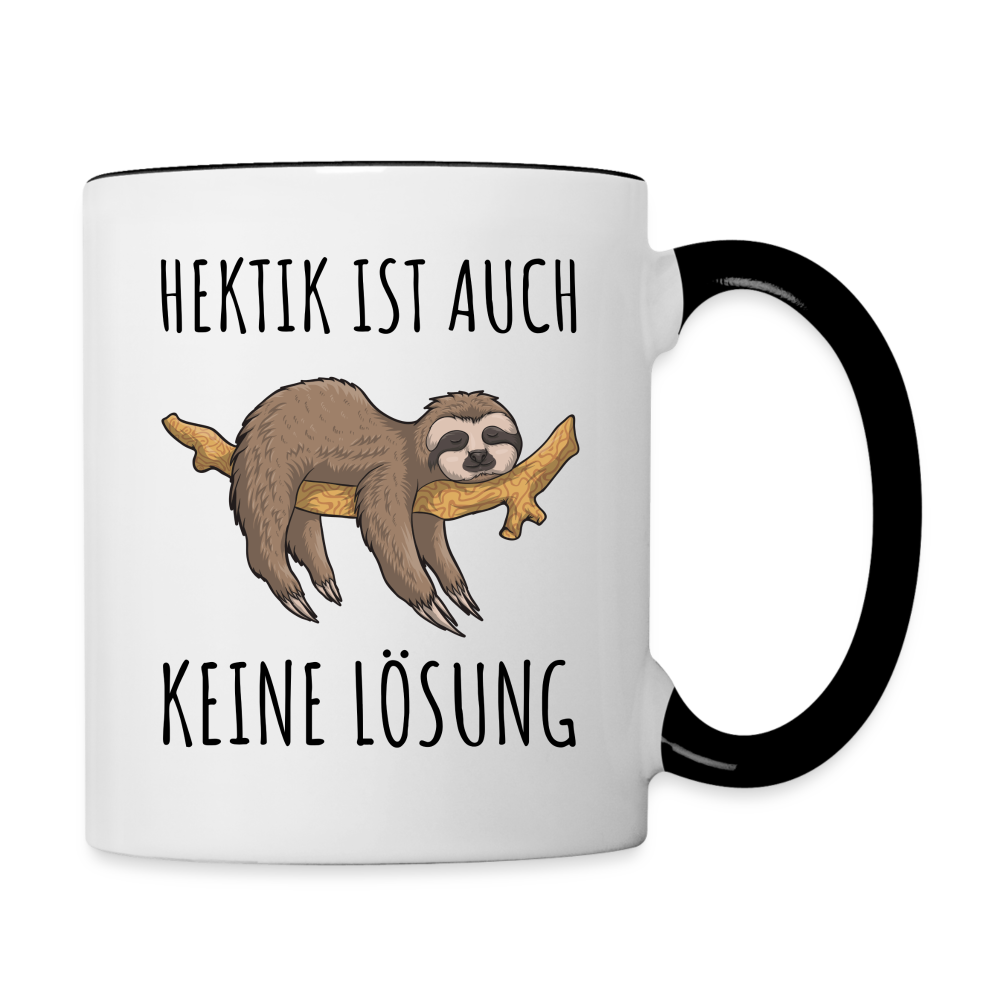 Tasse "Hektik ist auch keine Lösung" (Faultier-Motiv) - Weiß/Schwarz