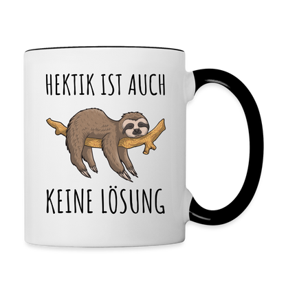 Tasse "Hektik ist auch keine Lösung" (Faultier-Motiv) - Weiß/Schwarz