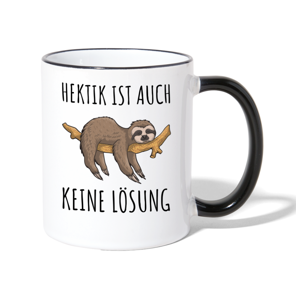 Tasse "Hektik ist auch keine Lösung" (Faultier-Motiv) - Weiß/Schwarz