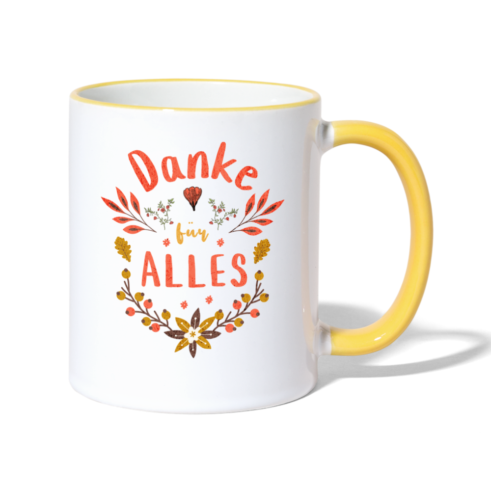 Tasse "Danke für alles" (Blumenmotiv) - Weiß/Gelb