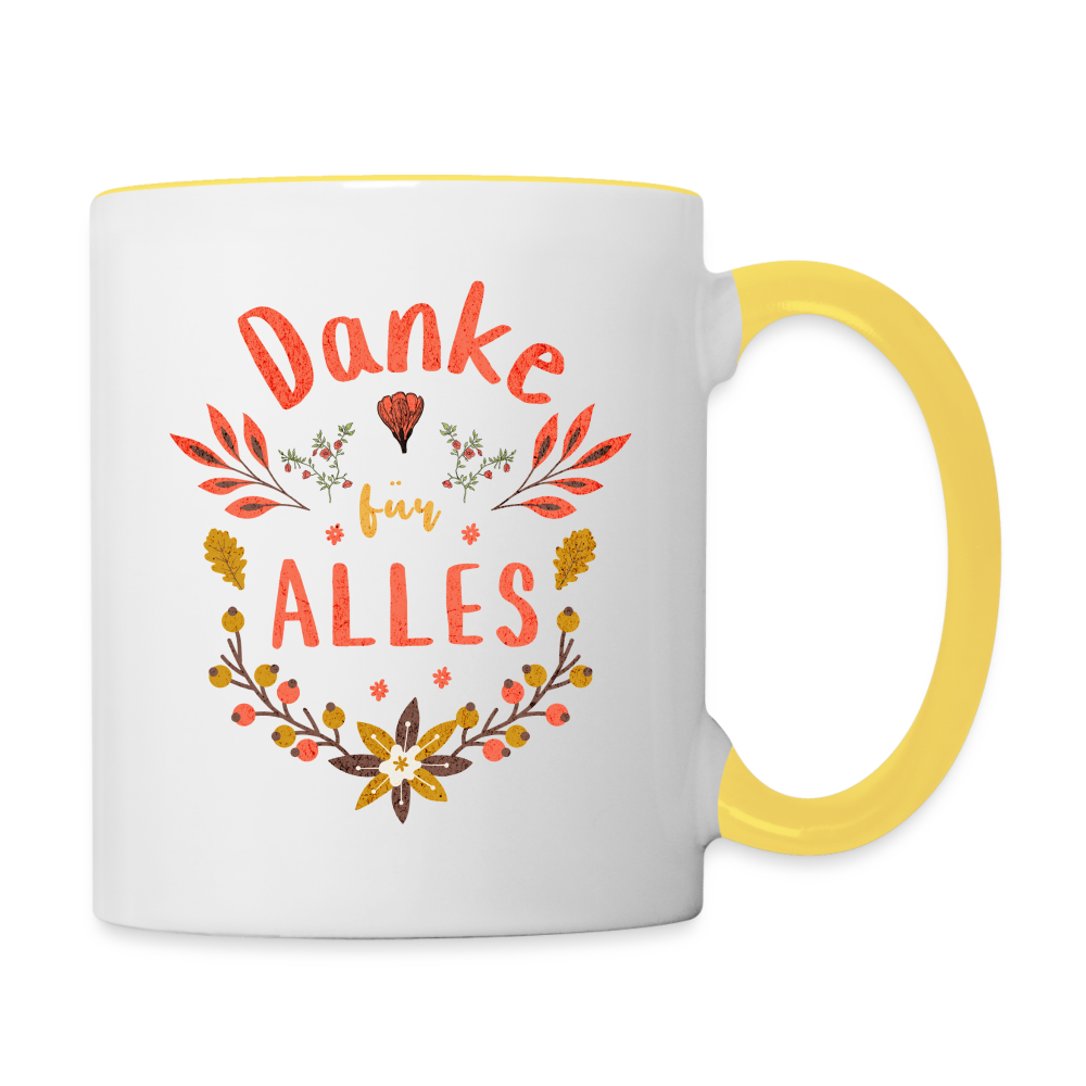 Tasse "Danke für alles" (Blumenmotiv) - Weiß/Gelb