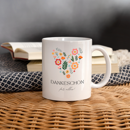 Tasse "Dankeschön für alles" (Blumen-Herzmotiv) - weiß