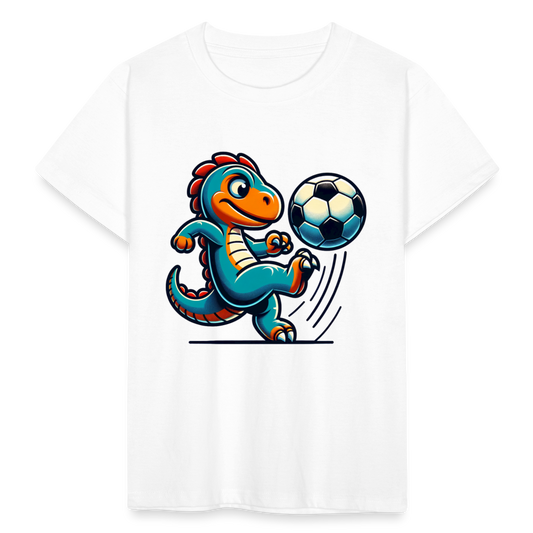 Kinder T-Shirt "Dinosaurier spielt Fußball" - weiß