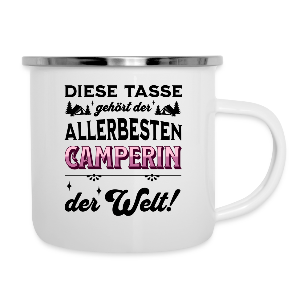 Emaille-Tasse "Diese Tasse gehört der allerbesten Camperin der Welt" - weiß