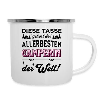 Emaille-Tasse "Diese Tasse gehört der allerbesten Camperin der Welt" - weiß