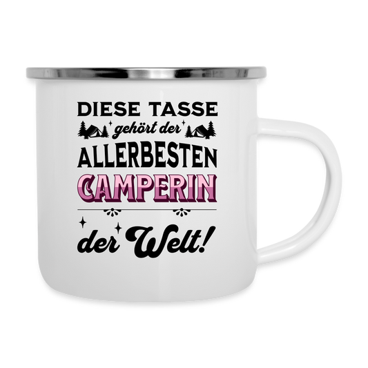 Emaille-Tasse "Diese Tasse gehört der allerbesten Camperin der Welt" - weiß