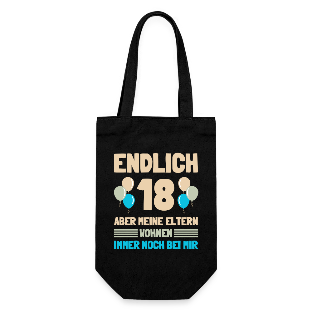 Geschenkbeutel für Flaschen "Endlich 18 - Aber meine Eltern wohnen immer noch bei mir" - Schwarz