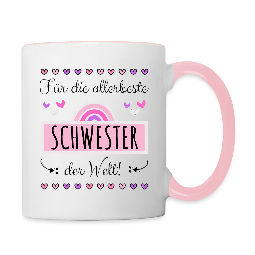 Tasse "Für die allerbeste Schwester der Welt" (Süßes Herzmotiv) - Weiß/Pink