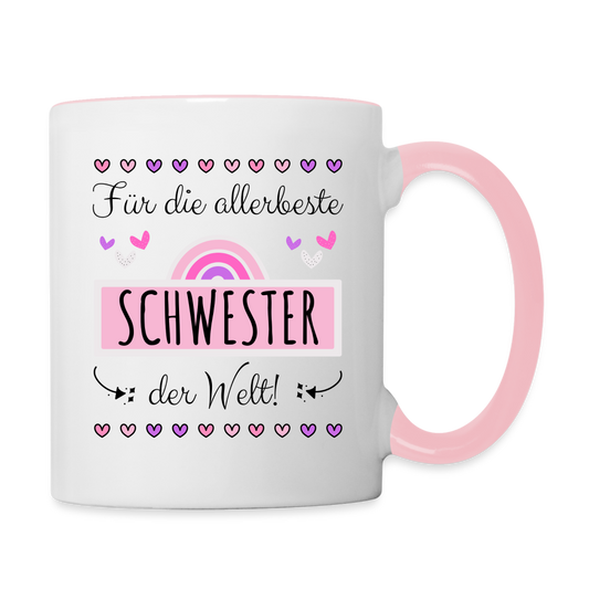 Tasse "Für die allerbeste Schwester der Welt" (Süßes Herzmotiv) - Weiß/Pink