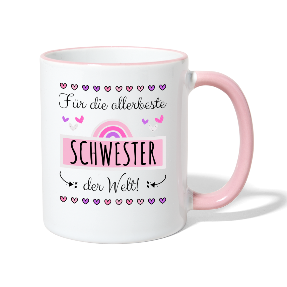 Tasse "Für die allerbeste Schwester der Welt" (Süßes Herzmotiv) - Weiß/Pink