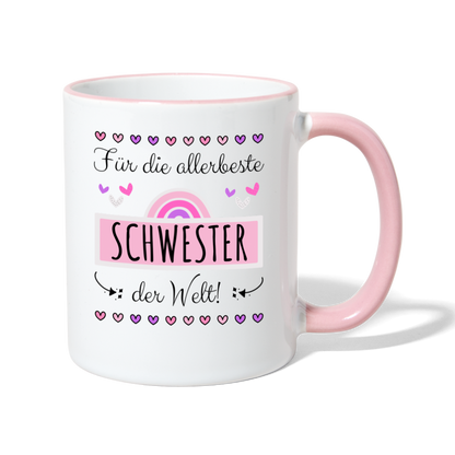 Tasse "Für die allerbeste Schwester der Welt" (Süßes Herzmotiv) - Weiß/Pink