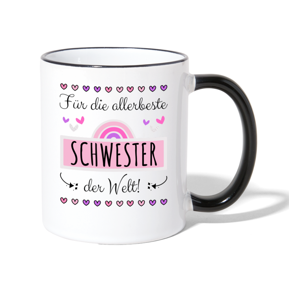 Tasse "Für die allerbeste Schwester der Welt" (Süßes Herzmotiv) - Weiß/Schwarz