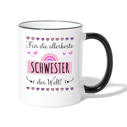 Tasse "Für die allerbeste Schwester der Welt" (Süßes Herzmotiv) - Weiß/Schwarz