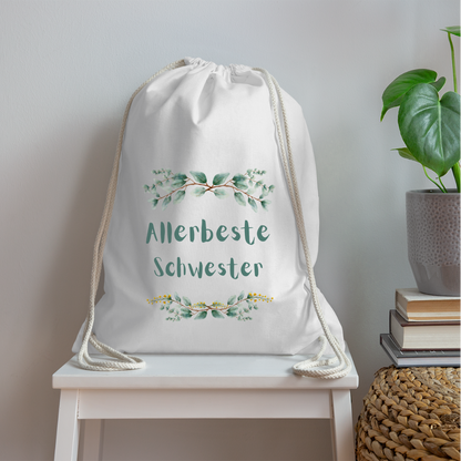 Turnbeutel "Allerbeste Schwester" (Grünes Blumenmotiv) - weiß