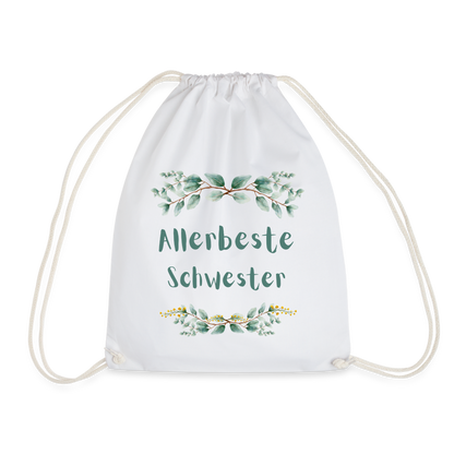 Turnbeutel "Allerbeste Schwester" (Grünes Blumenmotiv) - weiß