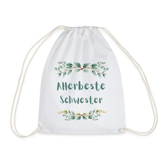 Turnbeutel "Allerbeste Schwester" (Grünes Blumenmotiv) - weiß