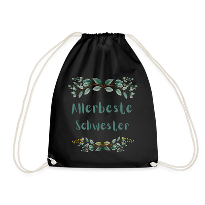 Turnbeutel "Allerbeste Schwester" (Grünes Blumenmotiv) - Schwarz