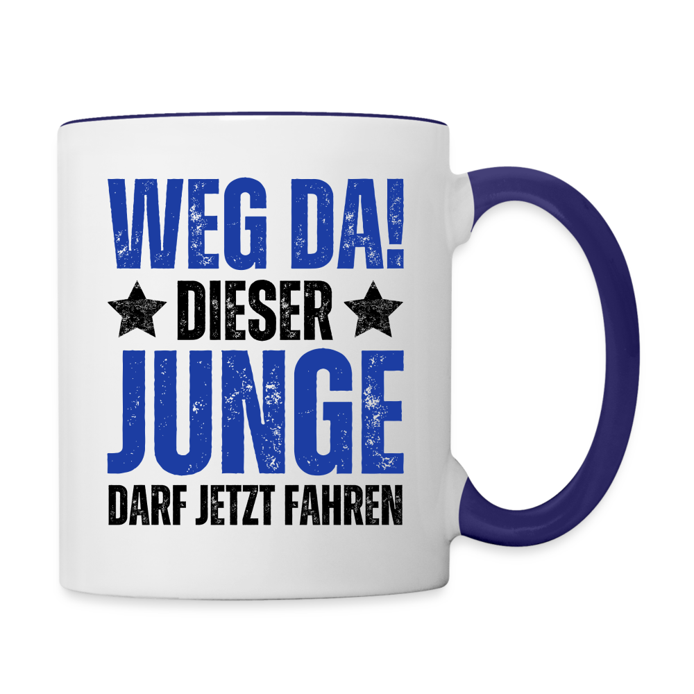 Tasse "Weg da! Dieser Junge darf jetzt fahren" - Weiß/Kobaltblau