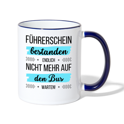 Tasse "Führerschein bestanden - Endlich nicht mehr auf den Bus warten!" - Weiß/Kobaltblau