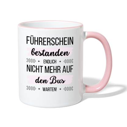 Tasse "Führerschein bestanden - Endlich nicht mehr auf den Bus warten!" (Rosa Motiv) - Weiß/Pink