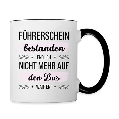 Tasse "Führerschein bestanden - Endlich nicht mehr auf den Bus warten!" (Rosa Motiv) - Weiß/Schwarz