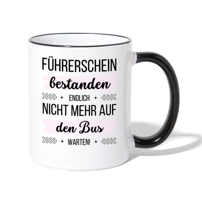 Tasse "Führerschein bestanden - Endlich nicht mehr auf den Bus warten!" (Rosa Motiv) - Weiß/Schwarz