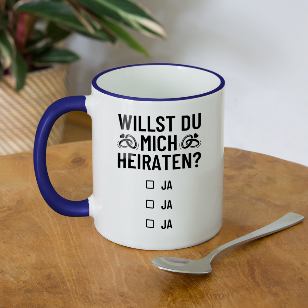 Tasse "Willst du mich heiraten?" (Ja, ja, ja) - Weiß/Kobaltblau