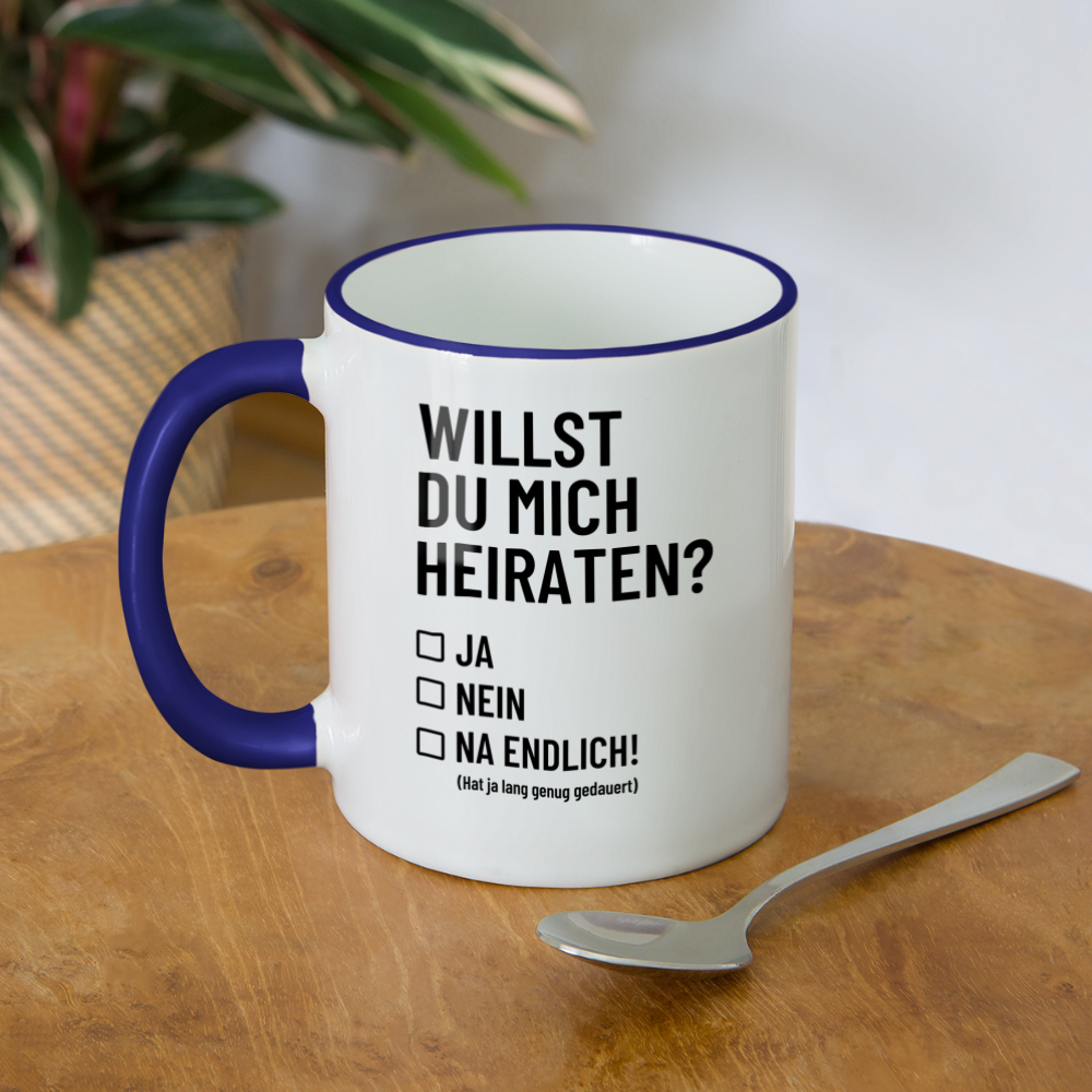 Tasse "Willst du mich heiraten?" (Na endlich) - Weiß/Kobaltblau