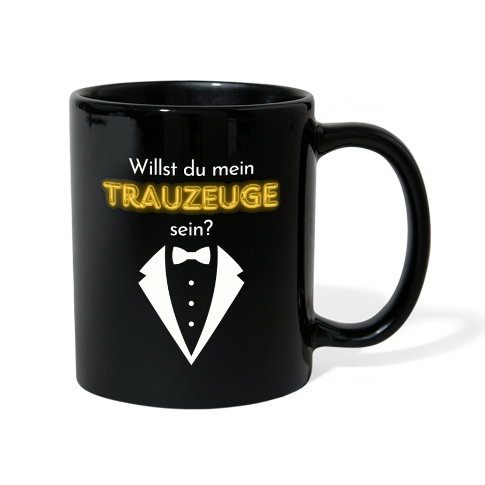 Tasse "Willst du mein Trauzeuge sein?" (Anzug-Motiv) - Schwarz