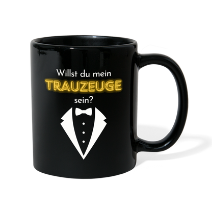 Tasse "Willst du mein Trauzeuge sein?" (Anzug-Motiv) - Schwarz