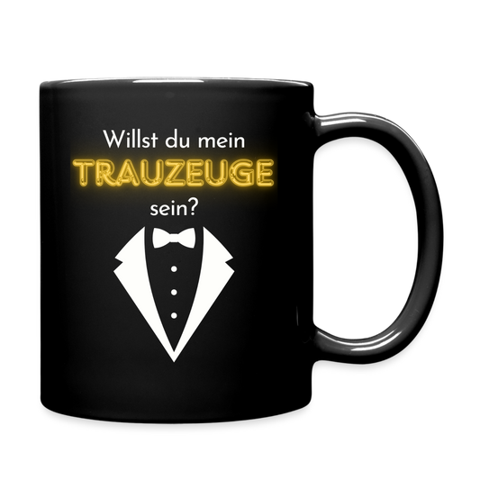 Tasse "Willst du mein Trauzeuge sein?" (Anzug-Motiv) - Schwarz