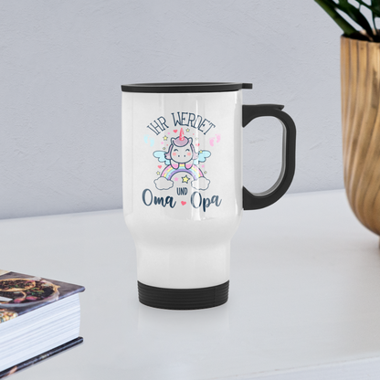 Thermobecher "Ihr werdet Oma und Opa" (Einhorn-Motiv) - weiß