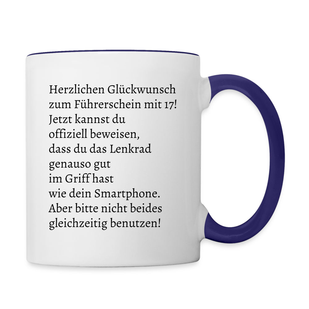 Tasse "Herzlichen Glückwunsch zum Führerschein mit 17!" - Weiß/Kobaltblau