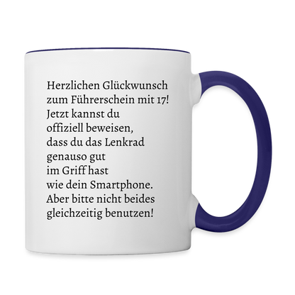 Tasse "Herzlichen Glückwunsch zum Führerschein mit 17!" - Weiß/Kobaltblau