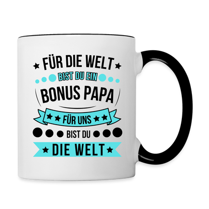 Tasse "Für die Welt bist du ein Bonus Papa, für uns bist du die Welt" - Weiß/Schwarz